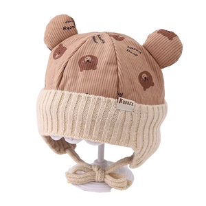 Brown corduroy baby earflap hat with bear ears and cute Lucky Bear prints for winter
