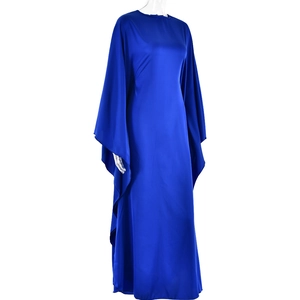 Close-up of blue satin maxi dress with round neck and elegant batwing long sleeves