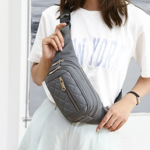 Deep grey quilted waist bag with adjustable strap and multiple zipper pockets for men and women