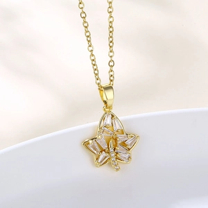 Maple Leaf Pendant Necklace Copper 18K Gold Plated Stainless Steel Chain Hollow Zircon Trendy Hip Hop Jewelry For Women