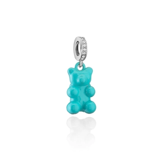 Polished turquoise gummy bear pendant with a sparkling silver bail on a white background