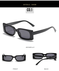 Three perspectives of rectangle black frame sunglasses with dark lenses and glossy finish