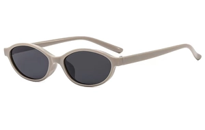 Detail view of khaki oval frame sunglasses with sleek temples and grey tinted lenses