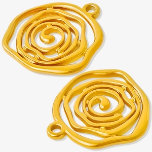 Detail of 304 stainless steel golden spiral and abstract rose charms with top ring loops