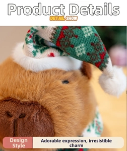 Close-up of the plush capybara face showing soft brown fur and a festive knit hat