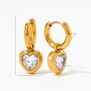 Detailed view of gold stainless steel heart zircon earrings with size and weight info
