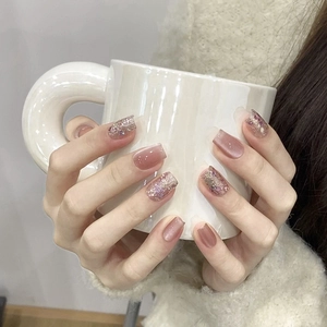 Handmade Pink Cat Eye Press On Nails With Glitter Rhinestone Short Coffin Full Cover Reusable False Nails For Women