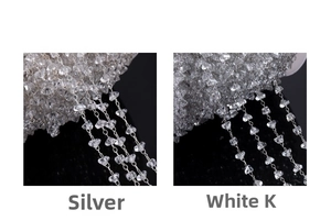 Macro detail of silver and white K faceted crystal beads chain for DIY jewelry making