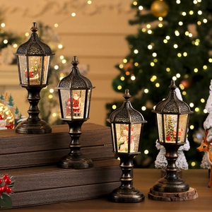 Retro Christmas Snow Globe Lantern LED Light Water Filled Flying Snow Music Bronze Desktop Ornament Santa Claus Snowman