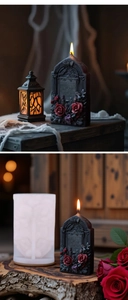 Makro-Detail der gotischen Grabstein-Kerzenform mit Rosenrelief für Halloween DIY