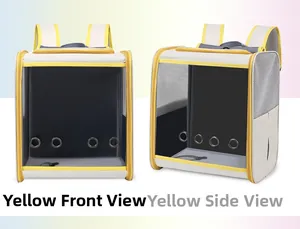 Détails du sac à dos jaune pour chat avec fenêtres en maille et évents métalliques