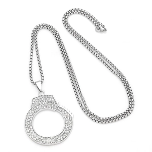 Men's hip hop stainless steel handcuff pendant necklace with sparkling white crystals