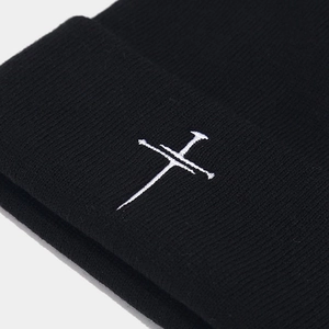 Vintage style black ribbed knit beanie with white cross embroidery for men and women