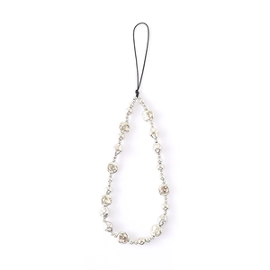 Silver bead phone charm featuring pearl bows and textured irregular beads for phone cases
