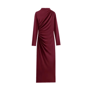 Elegant wine red long sleeve satin midi dress with stylish side ruching details