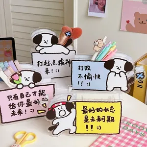 Acrylic Pen Holder Desktop Organizer Makeup Brush Storage Box Cute Cartoon Dog Transparent Inspirational Quotes Student Office Stationery