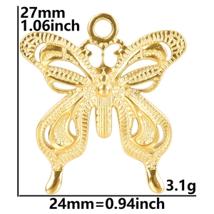 Detail of 18k gold plated stainless steel butterfly pendant with dimensions and weight