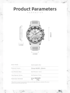 Detailed size chart for men's quartz watch with 47mm case and silicone strap