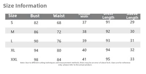 Detailed size chart for the beaded waist-cinching dress with measurements in S to XXL