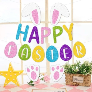 Colorful glitter Happy Easter banner with bunny ears and paws for festive party decoration