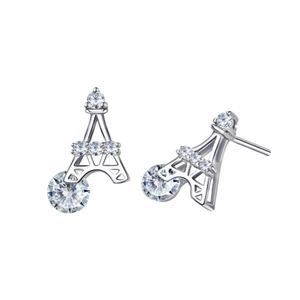 Macro side view of silver Eiffel Tower stud earrings featuring sparkling cubic zirconia