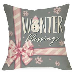 Winter blessings grey and pink Christmas pillowcase with snowflake and snowman details