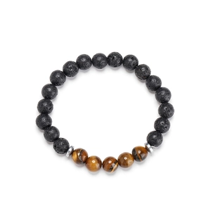 Bracciale in occhio di tigre naturale e pietra lavica nera con cordino regolabile