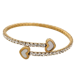 Gold-plated stainless steel open cuff bracelet with shell hearts and pavé crystals