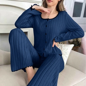 Women's rib-knit navy pajama set with button-front cardigan and bow details