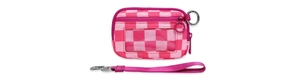 Detail of pink checkerboard waist bag showing transparent card slot and metal zipper pull