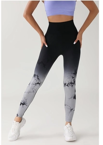 Detail view of high waist tie-dye gradient leggings with seamless marble texture design