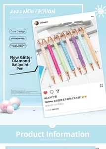 Detailed view of colorful sequin ballpoint pens with large diamond top ornaments
