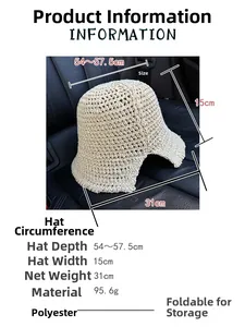 Size chart showing dimensions for a foldable hollow knit bucket hat made of polyester