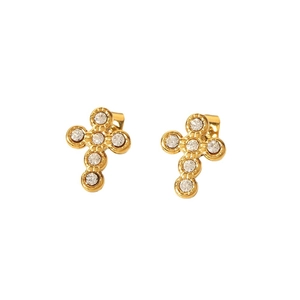 Cross earrings in gold stainless steel with sparkling crystals on white background