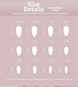 Tableau des tailles d'ongles 3D en amande avec 12 tailles et 24 pièces pour un ajustement