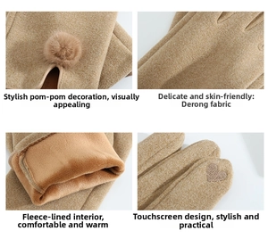 Detail view of khaki thermal gloves showing inner fleece, Dralon fabric, and touch screen tips