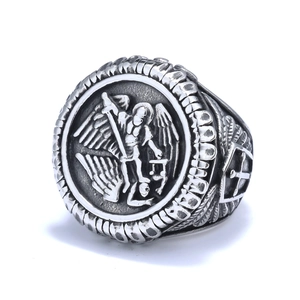Vintage Saint Michael Archangel stainless steel relief ring with polished black finish