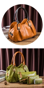 Retro three-piece handbag set in brown and green leather with textured pleats