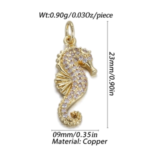 Macro detail of gold sea horse pendant with lavender zircon and precise dimensions