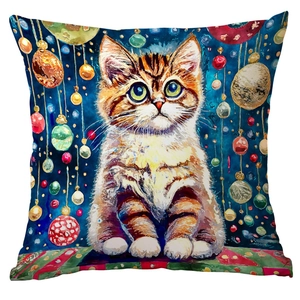 Close-up of decorative square pillowcase featuring artistic watercolor cat print details