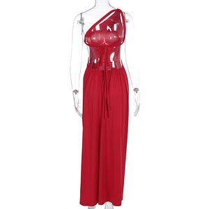 Detail of red one-shoulder cut-out maxi dress with adjustable lace-up ties and slit