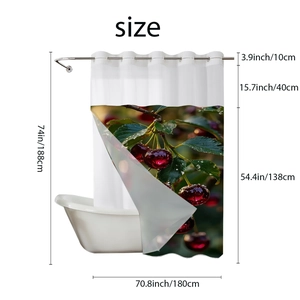 Detailed size chart for waffle shower curtain with cherry print showing 180x188cm dimensions