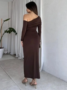 Detail of dark brown one-shoulder long sleeve dress with backless slim fit design