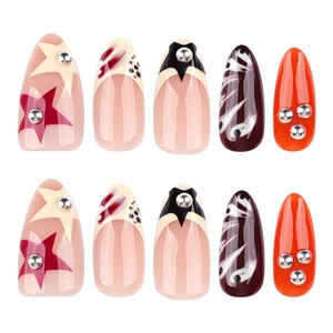 Y2K almond press-on nails set featuring stars and orange 3D metallic studs design