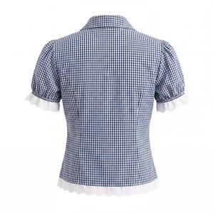 Detail of blue and white gingham shirt back with exquisite white lace trim edges
