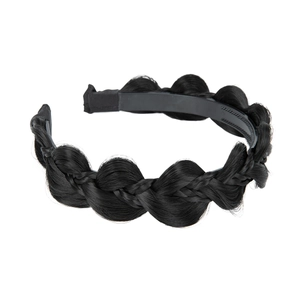 Handmade black braided wig headband with high top anti-slip design on white background