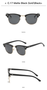 Dreifachansicht der Clubmaster-Sonnenbrille in Mattschwarz und Gold mit Halbrand