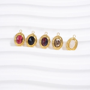 Macro view of colorful oval stone pendants with 14K gold plated stainless steel edges