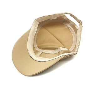 Beige cotton military flat cap with adjustable metal buckle and inner sweatband