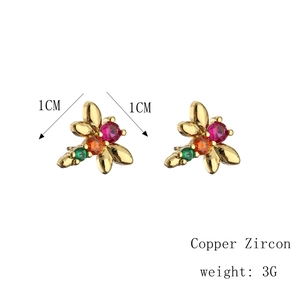 Detail showing 1cm x 1cm copper bee earrings with colorful zircon stones inlay